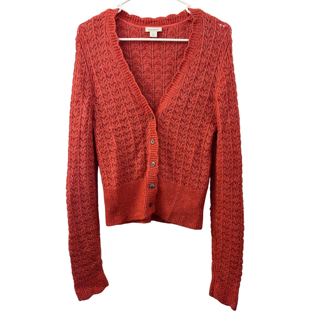 Sundance Womens Burnt Orange Pointelle Open Knit Button Front Cardigan Small